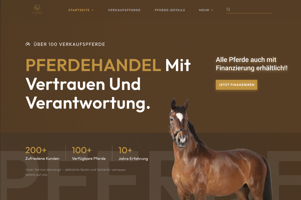 Pferdehandel-Webseite mit großem Hero und Pferdemotiv